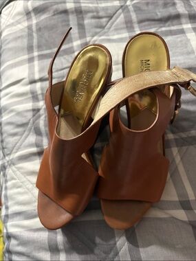Michael Kors Tan Brown Leather Open-Toe Slingback Heels Size 8.5
